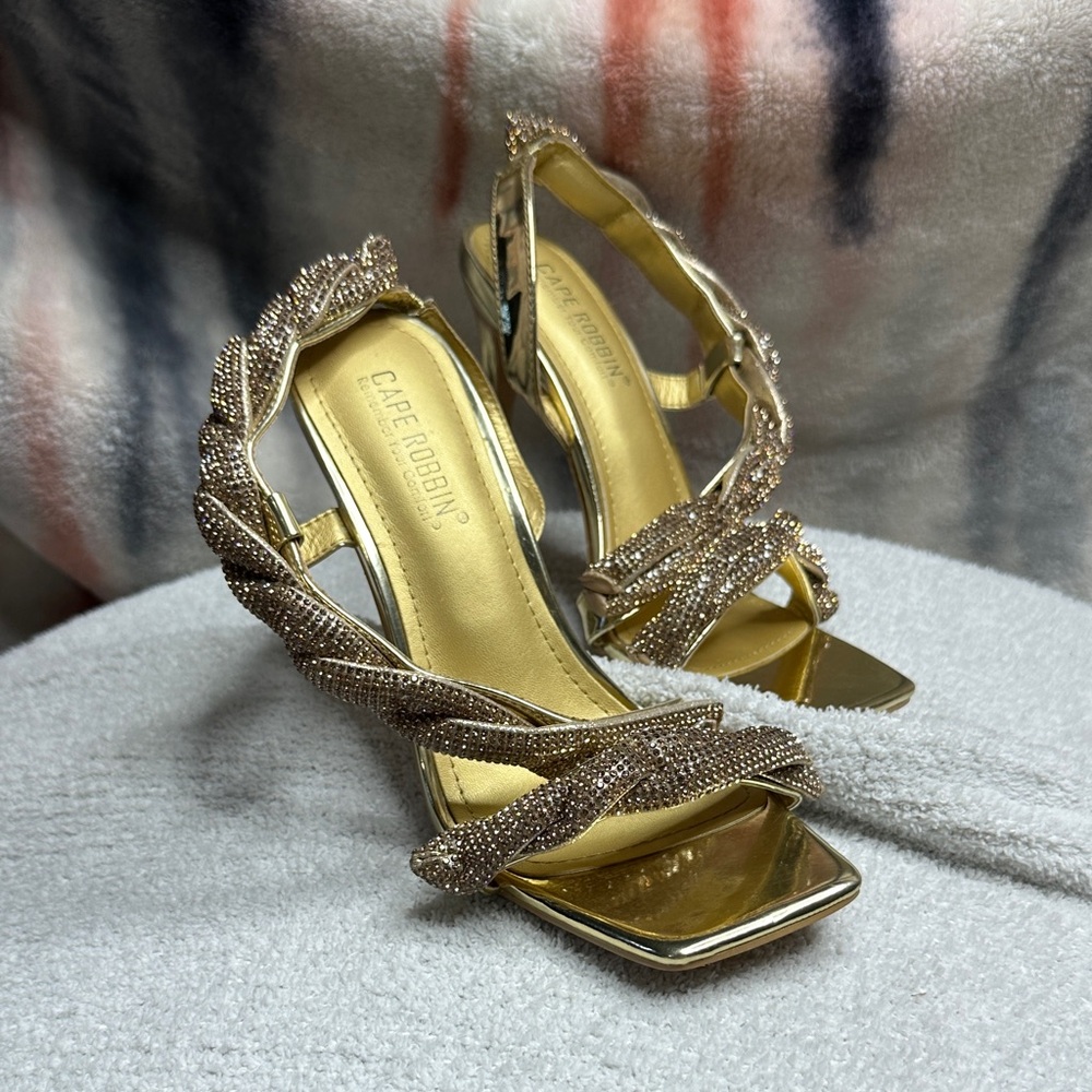 Cape Robbin Glittering Rinestone Covered Twisted Gold Strappy Heels Square Toe‎